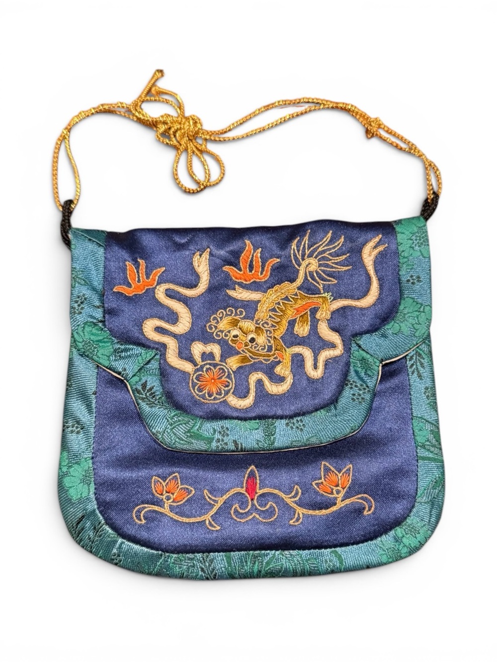 Vintage Chinese Silk Embroidered Dragon Pouch Purse Blue Brocade Bag